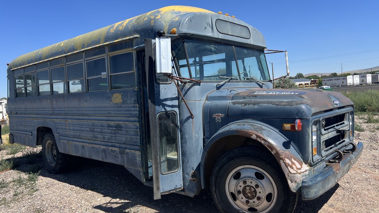 A Chevrolet diesel bus awaiting work in the Wolf Pack Repair yard in Pocatello, Idaho